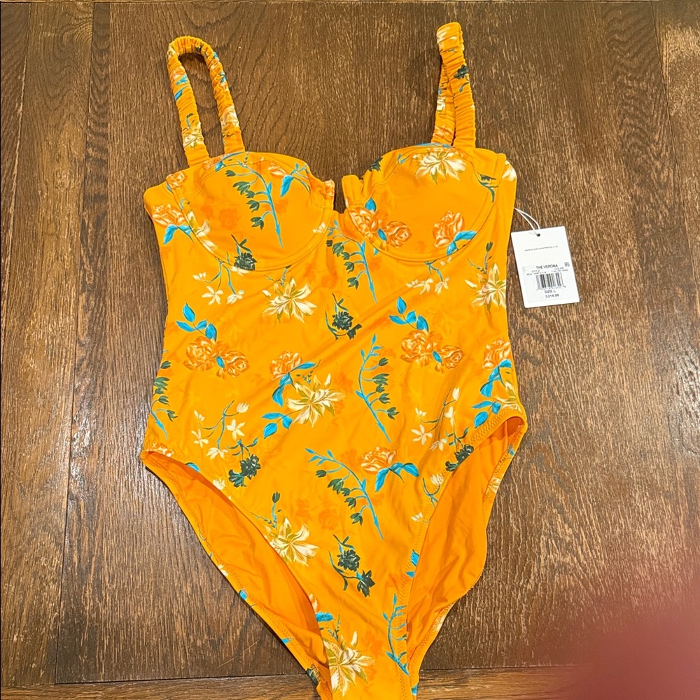 LG SOLID & STRIPED Orange Floral One Piece Swimsuit NWT